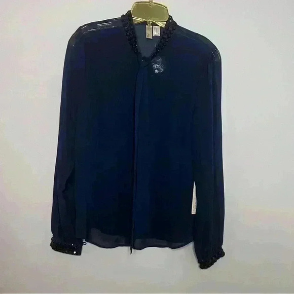 FOREVER 21 Vintage Sheer Navy Blouse, Beaded Trim, Button Front, Size L, NWT - Picture 2 of 8